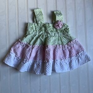 Kidgets Baby Girl Gingham Eyelet Tiered Dress Green Pink White Rosette 0-6M